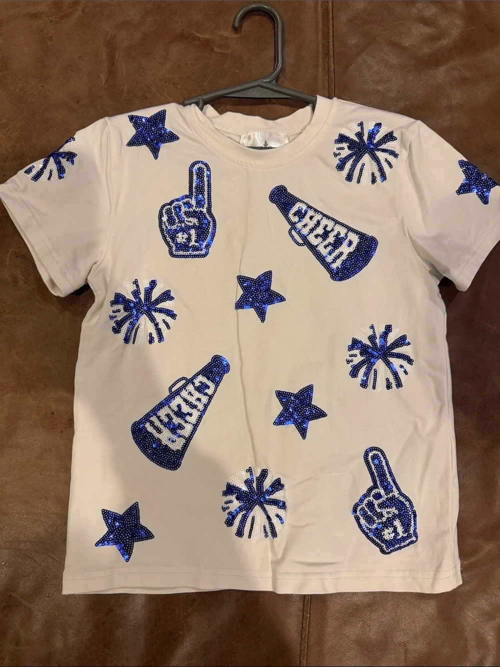 Belle Cher Girl’s White T‑Shirt with Blue Sequin Cheer Motifs